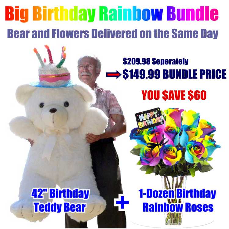 Save $60.00. Huge 3 and 1/2-foot Birthday Teddy Bear plus 1-Dozen Birthday Rainbow Roses for only $149.99. Both bear and roses are delivered on the same day that you select.